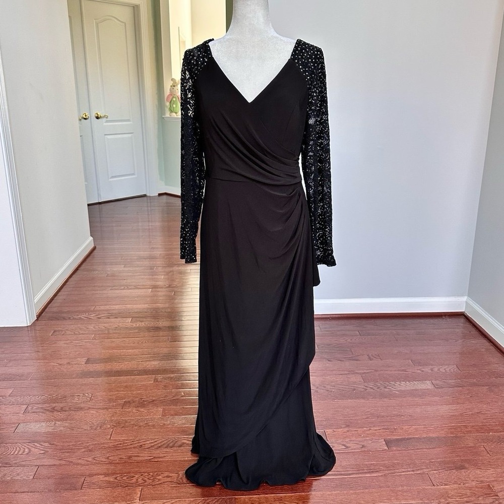 Alex Evenings Black Long Sleeve Lace Silver Rhinestone Sexy Plunge Gown Dress